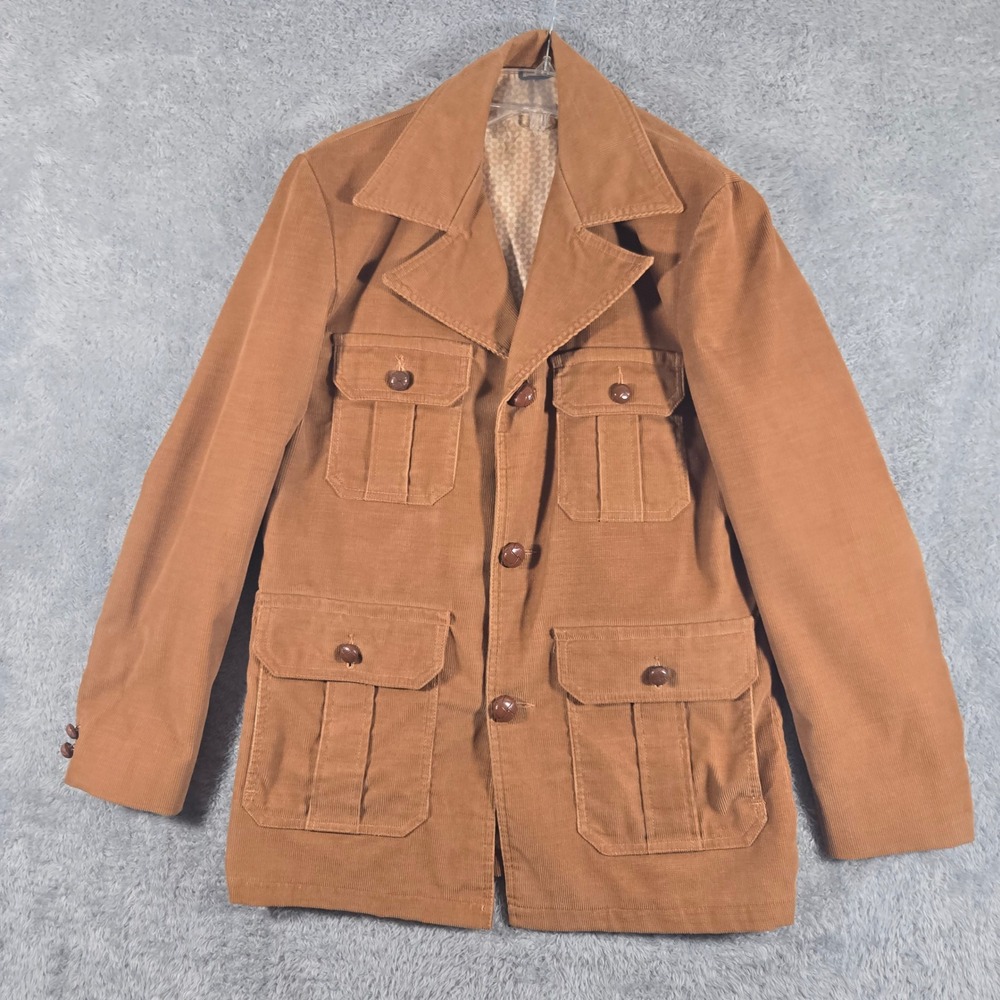Vintage English Squire Mens Corduroy Safari Jacket Tan 4-Pocket 38L Camel Brown